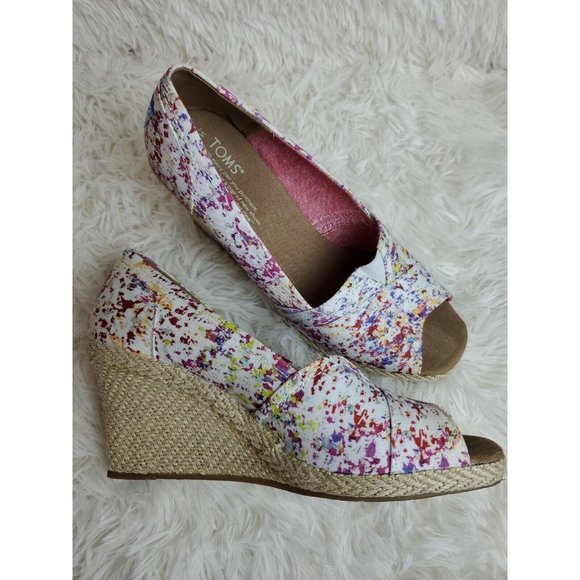 TOMS Woman's Espadrille Shoe Wedge Heel Peep Toe Floral Print Canvas Sz 9.5 NWOB - Picture 1 of 7